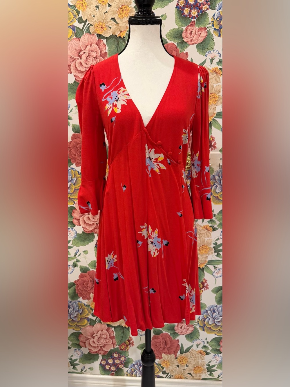 Free People Red Floral V-Neck Dress